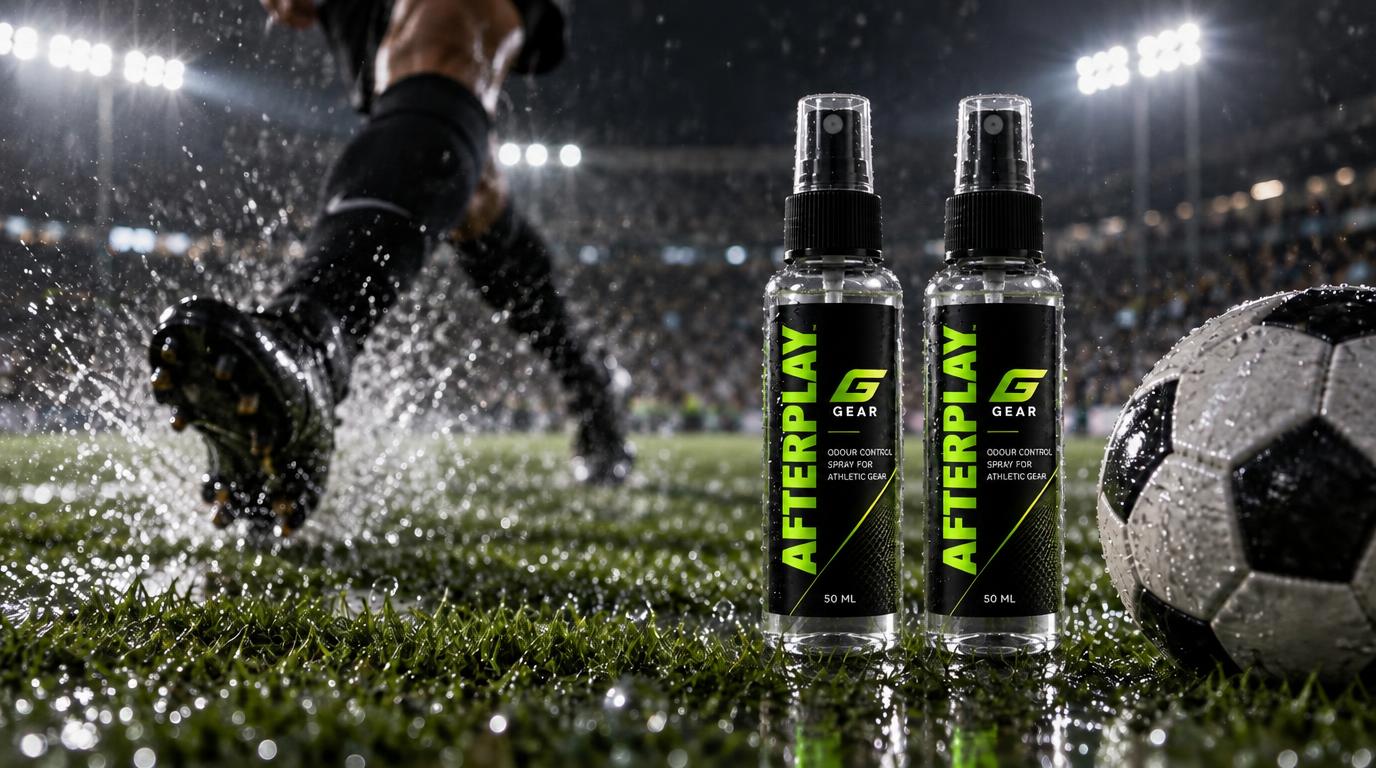Afterplay 50ml spray bottles on a wet football pitch beside a football